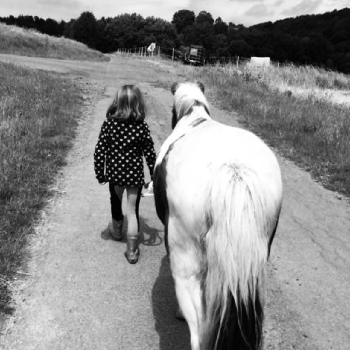 Foto eines Kindes, das ein Pony führt